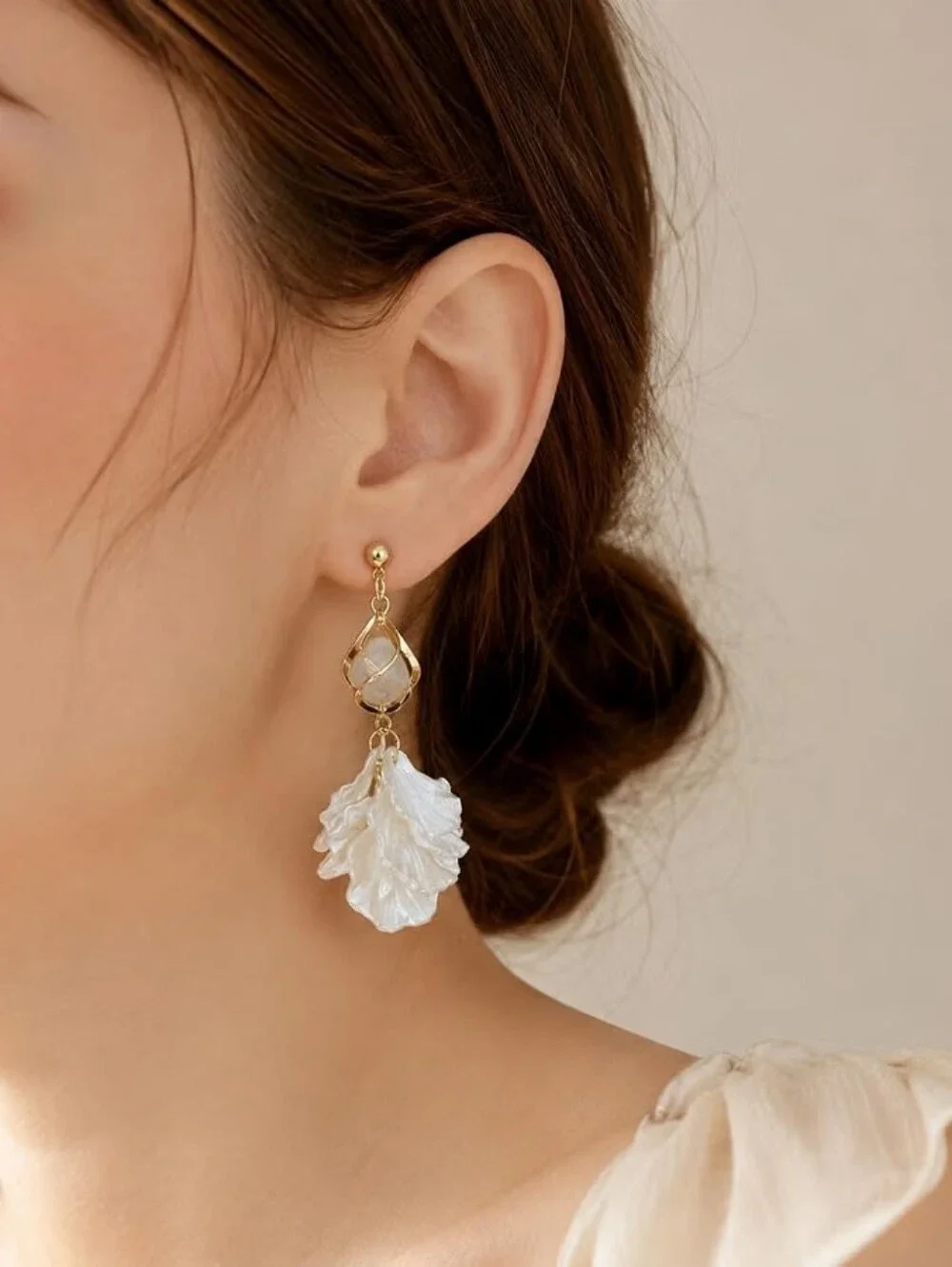 White Shell Petal Drop Earrings Dangle Floral